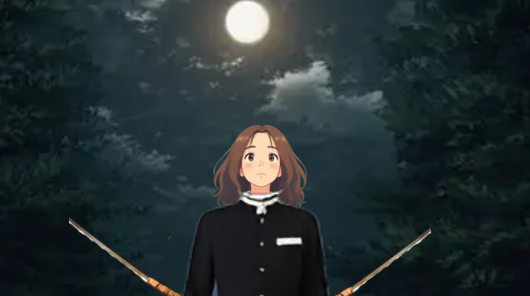 a boy with two swords standing in the moonligt of a creepy forest
